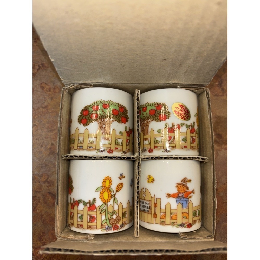 Vintage ENESCO Garden Scarecrow Apple Sunflower Napkin Rings Japan 4 In Box